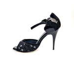 Load image into Gallery viewer, BRUNA/BO SW F.626 (R.L. by WISH DANCE) - Sandalo da donna Tallone in camoscio nero con applicazione Swarovski Boreali e Vernice nera Tomaia Pizzo Sally Nero con Tacco a Spillo Smaltato nero
