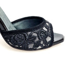 Load image into Gallery viewer, BRUNA/BO SW F.626 (R.L. by WISH DANCE) - Sandalo da donna Tallone in camoscio nero con applicazione Swarovski Boreali e Vernice nera Tomaia Pizzo Sally Nero con Tacco a Spillo Smaltato nero
