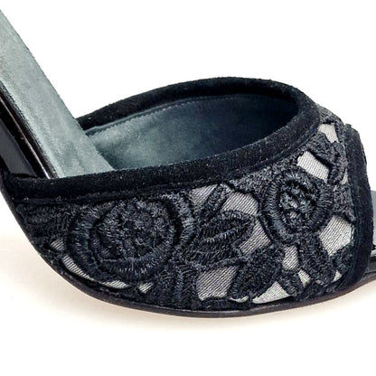 Sandalo donna BRUNA/BO Sw Plus F.3407 Wish Dance con tacco rocchetto, applicazioni Swarovski, tomaia in pizzo Sally nero e vernice nera.