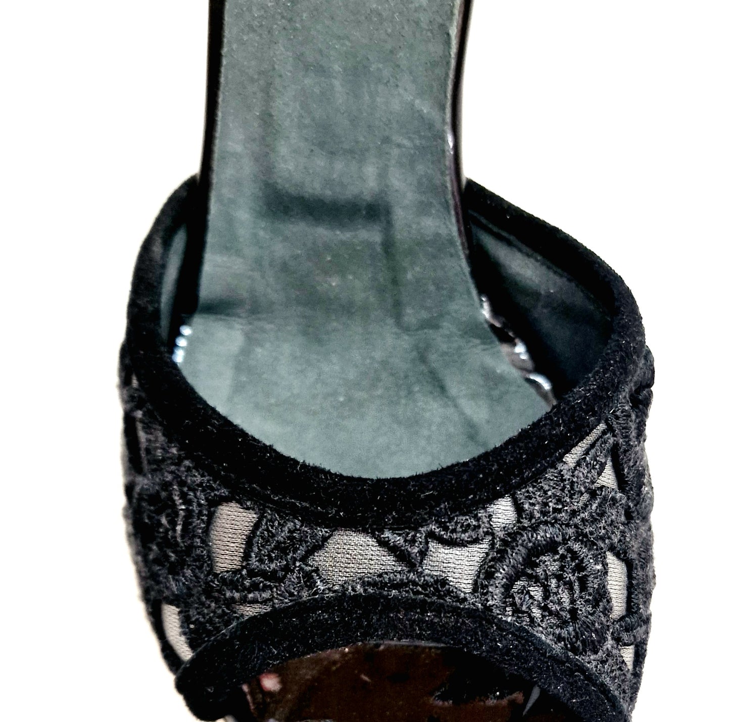 Sandalo donna Wish Dance Shop CATE/BO Black in camoscio nero, con pizzo Sally Nero e tacco a rocchettino smaltato nero