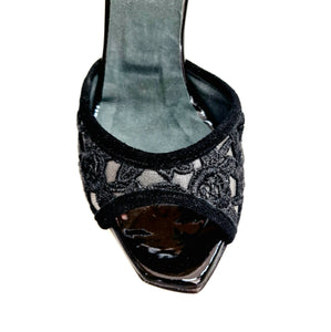 BRUNA/BO Sw F.626 (R.L. by WISH DANCE) - Sandalo da donna Tallone in camoscio nero con applicazione Swarovski Boreali e Vernice nera Tomaia Pizzo Sally Nero con Tacco a Spillo Smaltato nero