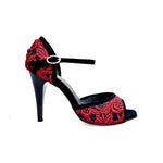Load image into Gallery viewer, CATE/BO Red F.626 (R.L. by WISH DANCE) - Sandalo da donna in camoscio nero e Pizzo Sally Rosso Granada con Tacco a Spillo largo Smaltato nero
