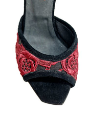 Carica immagine nella Galleria, CATE/BO Red F.626 (R.L. by WISH DANCE) - Sandalo da donna in camoscio nero e Pizzo Sally Rosso Granada con Tacco a Spillo largo Smaltato nero
