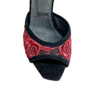 CATE/BO Red F.626 (R.L. by WISH DANCE) - Sandalo da donna in camoscio nero e Pizzo Sally Rosso Granada con Tacco a Spillo largo Smaltato nero