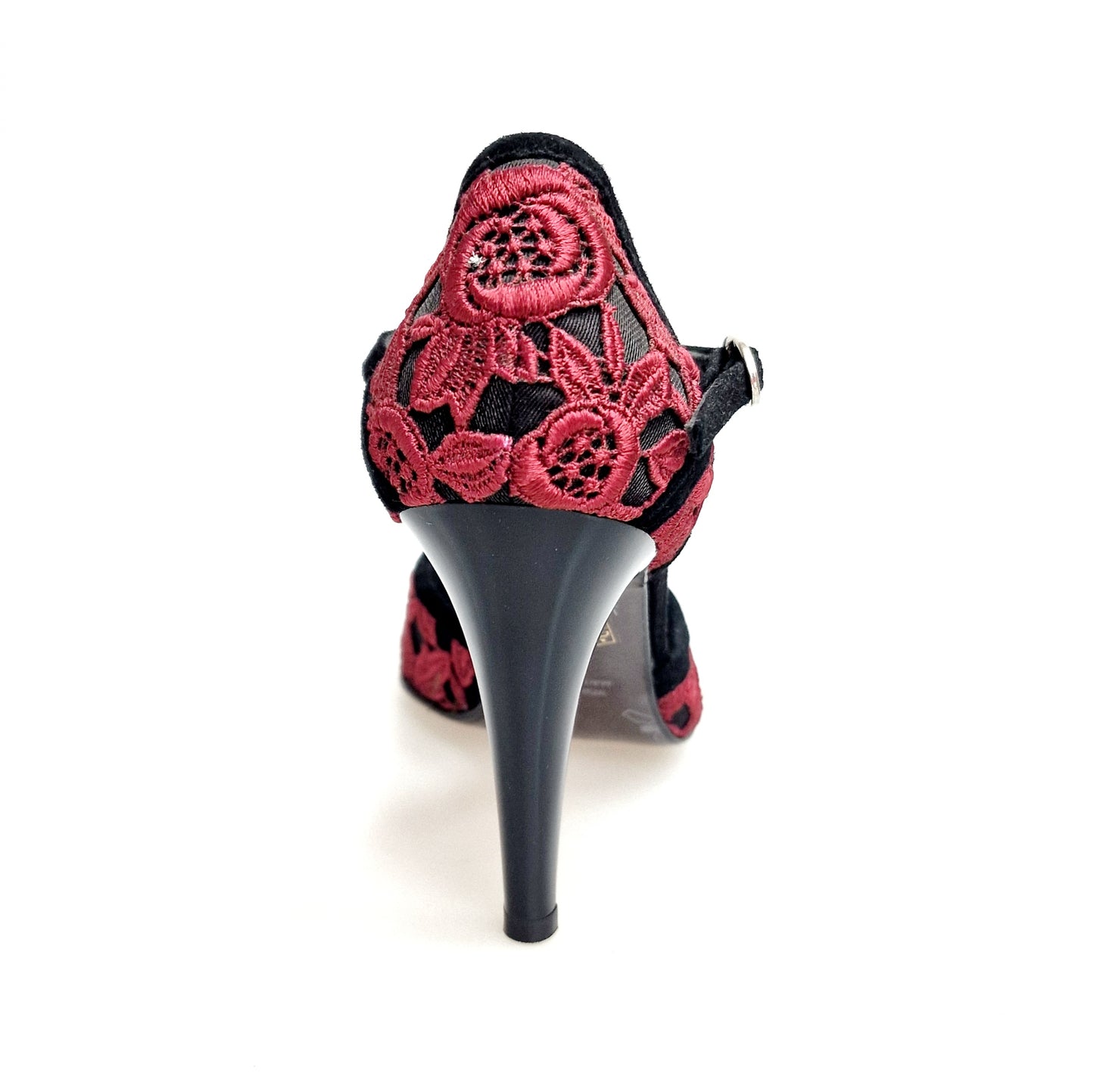 Sandalo da donna Wish Dance Shop CATE/BO Red F.626 in camoscio nero e pizzo rosso con tacco a spillo largo smaltato nero