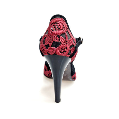 Sandalo da donna Wish Dance Shop CATE/BO Red F.626 in camoscio nero e pizzo rosso con tacco a spillo largo smaltato nero
