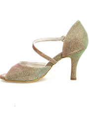 Carica immagine nella Galleria, LUNA N/Oro F.533 (R.L. by WISH DANCE) - Sandalo da donna in Tessuto materiale Notturno Oro Cangiante multicolor con Tacco a Rocchettino rivestito in notturno oro