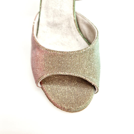 Sandalo donna Wish Dance Luna N/Oro F.533 in tessuto notturno oro cangiante con tacco rivestito in oro, immagine frontale