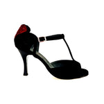 Load image into Gallery viewer, BELL/C Plus Black Cuore SW Red  F.3407 (R.L. by WISH DANCE) - Sandalo da donna in camoscio nero e Cuore di Swarovski Rosso con Tacco a Rocchettino Smaltato nero
