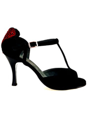 Carica immagine nella Galleria, BELL/C Plus Black Cuore SW Red  F.3407 (R.L. by WISH DANCE) - Sandalo da donna in camoscio nero e Cuore di Swarovski Rosso con Tacco a Rocchettino Smaltato nero
