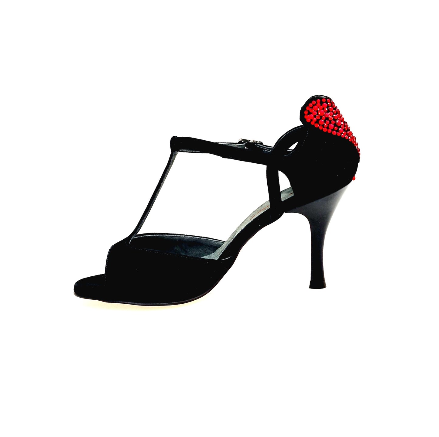 Sandalo donna Wish Dance in camoscio nero con cuore Swarovski rosso e tacco a rocchetto nero smaltato.