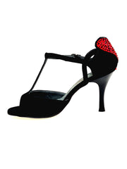 Carica immagine nella Galleria, BELL/C Plus Black Cuore SW Red  F.3407 (R.L. by WISH DANCE) - Sandalo da donna in camoscio nero e Cuore di Swarovski Rosso con Tacco a Rocchettino Smaltato nero
