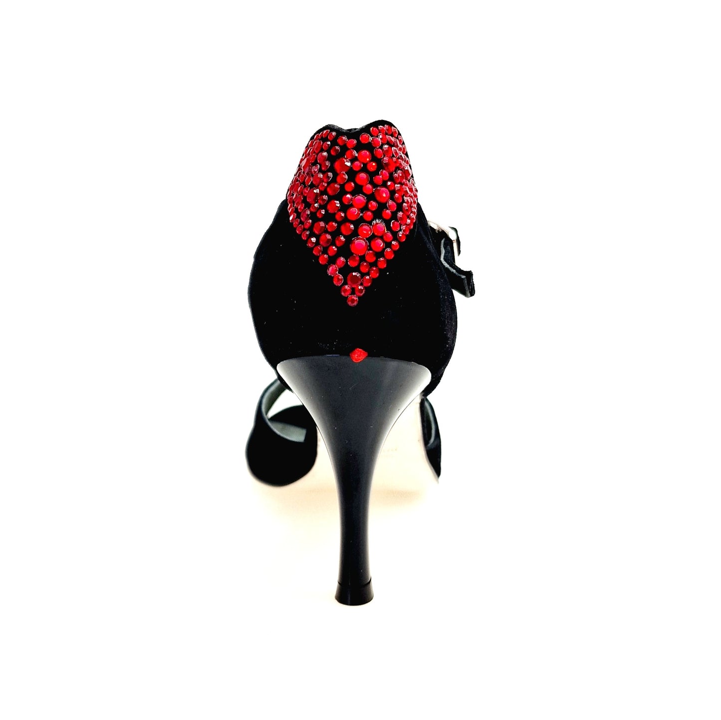 Sandalo da donna Wish Dance in camoscio nero con cuore Swarovski rosso e tacco a rocchetto smaltato nero.