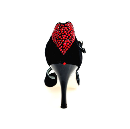 Sandalo da donna Wish Dance in camoscio nero con cuore Swarovski rosso e tacco a rocchetto smaltato nero.
