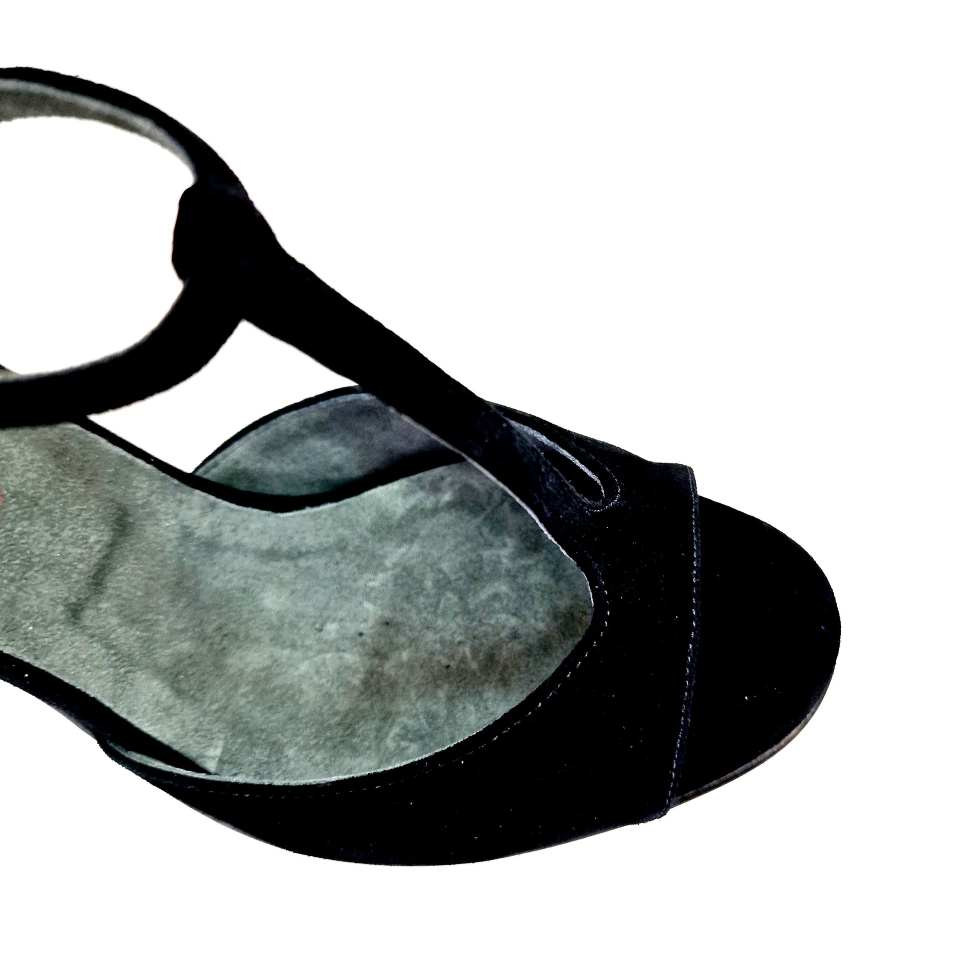 Sandalo donna Wish Dance in camoscio nero e Swarovski rosso con tacco a rocchettino smaltato nero, modello Bell/C Plus Black Cuore SW Red.