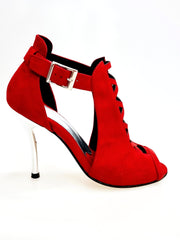 Carica immagine nella Galleria, DINKA Plus (2304) -  Scarpa da Donna in Camoscio Rosso Vivo inserto collopiede in Camoscio Rosso Vivo Tacco a Spillo Laminato Argento
