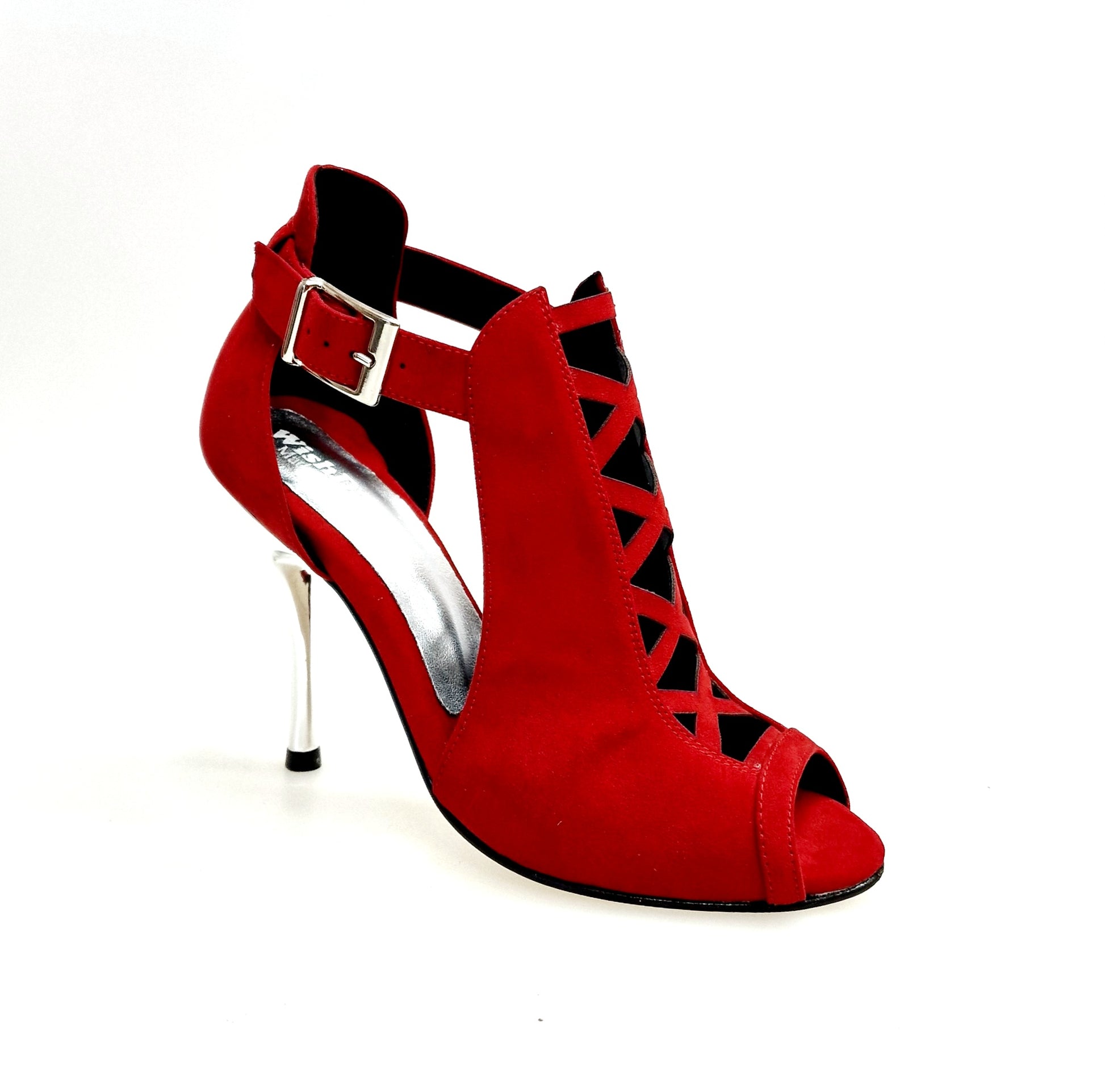 Scarpa da donna DINKA Plus Wish Dance Shop in camoscio rosso vivo, con tacco a spillo e inserti laminati argentati.