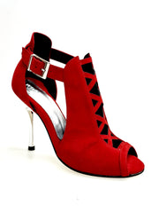 Carica immagine nella Galleria, DINKA Plus (2304) -  Scarpa da Donna in Camoscio Rosso Vivo inserto collopiede in Camoscio Rosso Vivo Tacco a Spillo Laminato Argento

