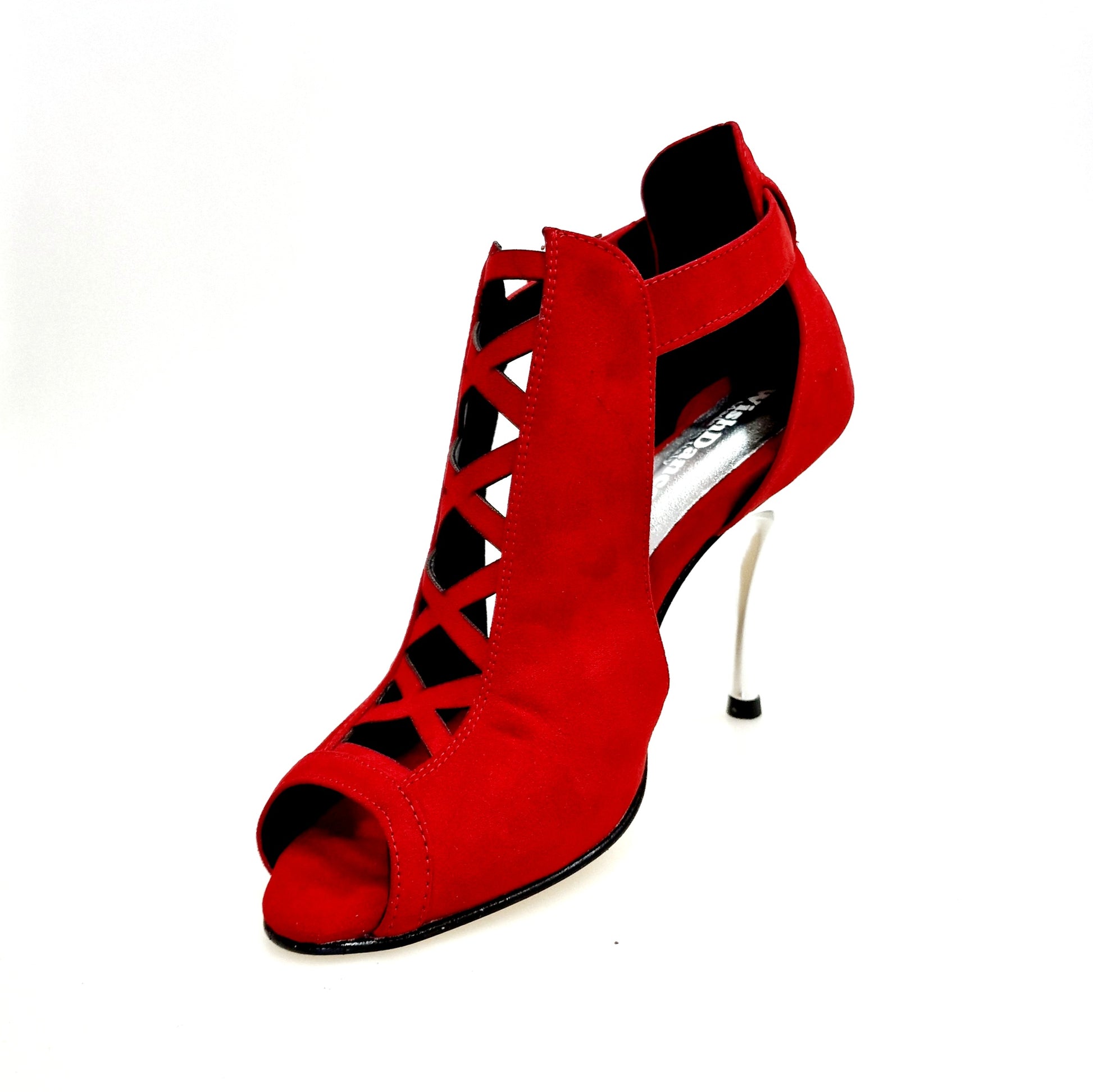 Scarpa da donna DINKA Plus Wish Dance Shop in camoscio rosso vivo con tacco a spillo e inserto in camoscio rosso vivo, laminato argento