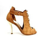 Load image into Gallery viewer, DINKA (2304) -  Scarpa da Donna in Camoscio Cognac inserto collopiede in Glitter Oro Light Tacco a Spillo Laminato Oro
