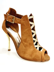 Carica immagine nella Galleria, DINKA (2304) -  Scarpa da Donna in Camoscio Cognac inserto collopiede in Glitter Oro Light Tacco a Spillo Laminato Oro
