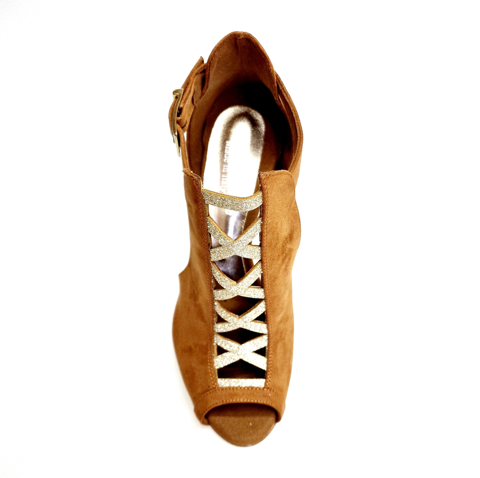 Scarpa donna DINKA in camoscio cognac con inserto glitter oro, tacco a spillo laminato oro, design elegante e femminile