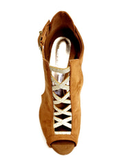 Carica immagine nella Galleria, DINKA (2304) -  Scarpa da Donna in Camoscio Cognac inserto collopiede in Glitter Oro Light Tacco a Spillo Laminato Oro
