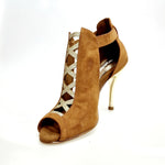 Load image into Gallery viewer, DINKA (2304) -  Scarpa da Donna in Camoscio Cognac inserto collopiede in Glitter Oro Light Tacco a Spillo Laminato Oro
