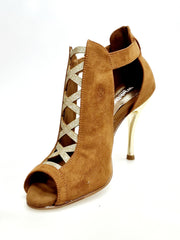 Carica immagine nella Galleria, DINKA (2304) -  Scarpa da Donna in Camoscio Cognac inserto collopiede in Glitter Oro Light Tacco a Spillo Laminato Oro
