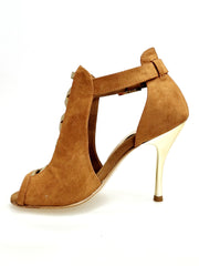 Carica immagine nella Galleria, DINKA (2304) -  Scarpa da Donna in Camoscio Cognac inserto collopiede in Glitter Oro Light Tacco a Spillo Laminato Oro
