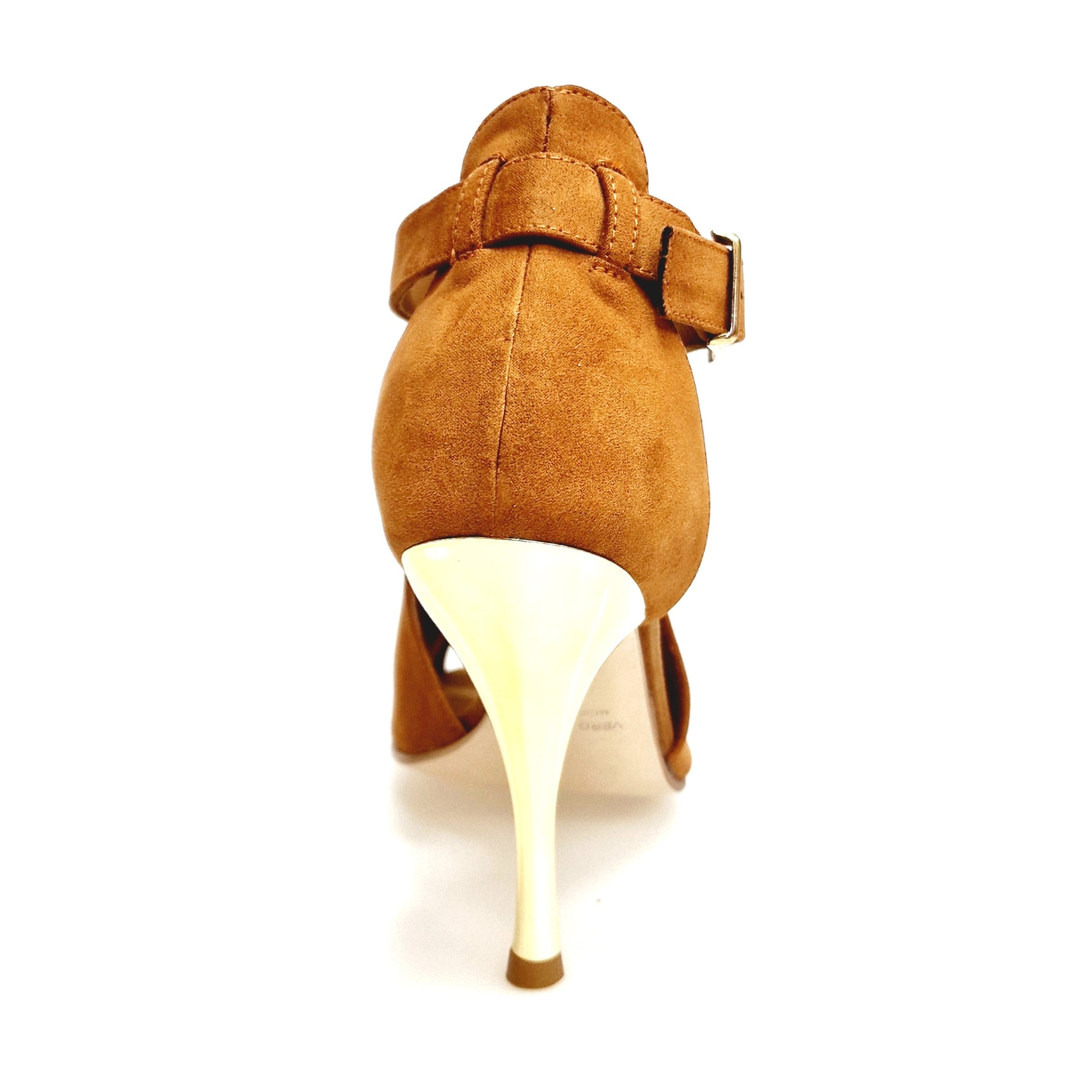 Scarpa da donna DINKA Wish Dance Shop in camoscio cognac con inserto glitter oro e tacco a spillo laminato oro.