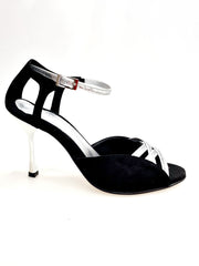 Load image into Gallery viewer, Morgane Scarlett (691) - Sandalo da Donna in Camoscio Nero con Fascette in Glitter Argento e Tacco a Stiletto laminato argento
