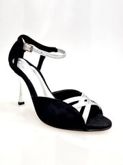 Load image into Gallery viewer, Morgane Scarlett (691) - Sandalo da Donna in Camoscio Nero con Fascette in Glitter Argento e Tacco a Stiletto laminato argento
