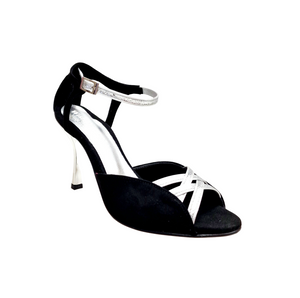 Morgane Scarlett (691) - Sandalo da Donna in Camoscio Nero con Fascette in Glitter Argento e Tacco a Stiletto laminato argento