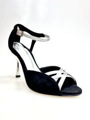 Load image into Gallery viewer, Morgane Scarlett (691) - Sandalo da Donna in Camoscio Nero con Fascette in Glitter Argento e Tacco a Stiletto laminato argento
