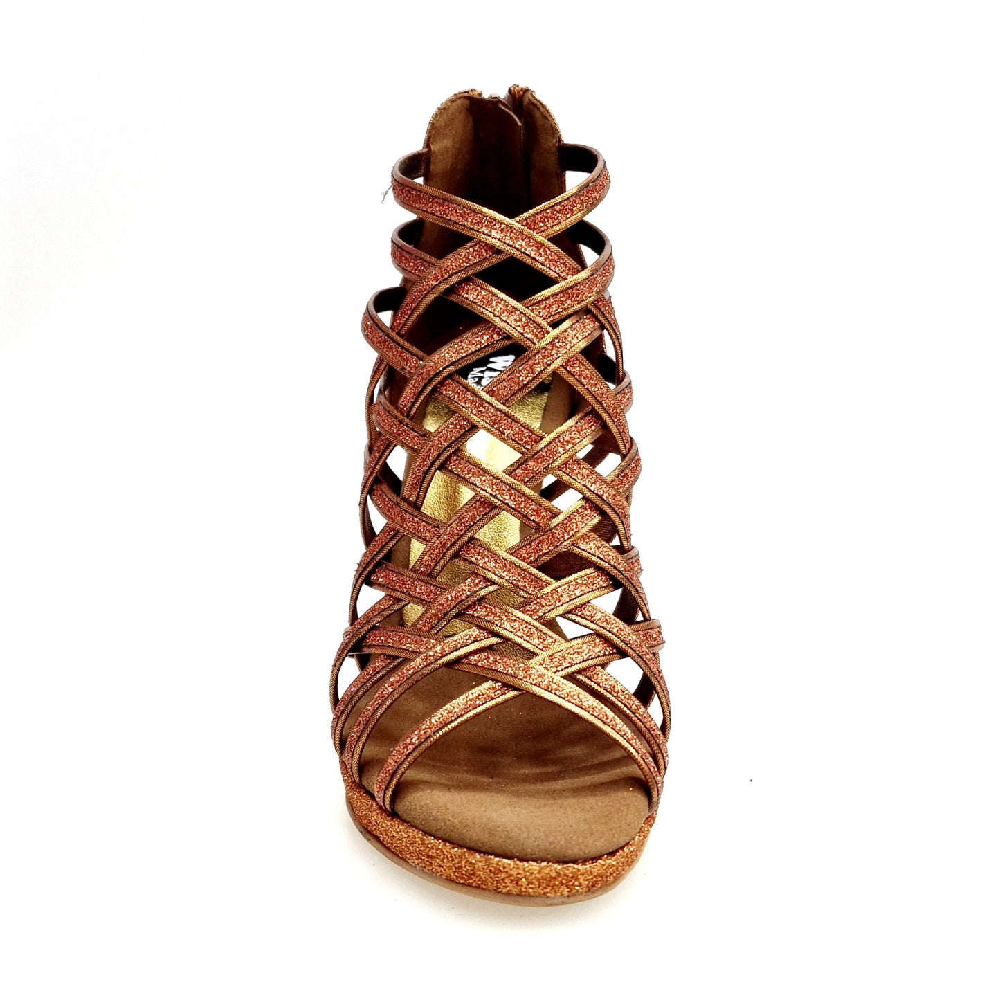 Scarpa da donna Intrigo Wish Dance Shop in glitter bronzo, tacco alto a spillo, suola laminato oro ramato e plateau flex