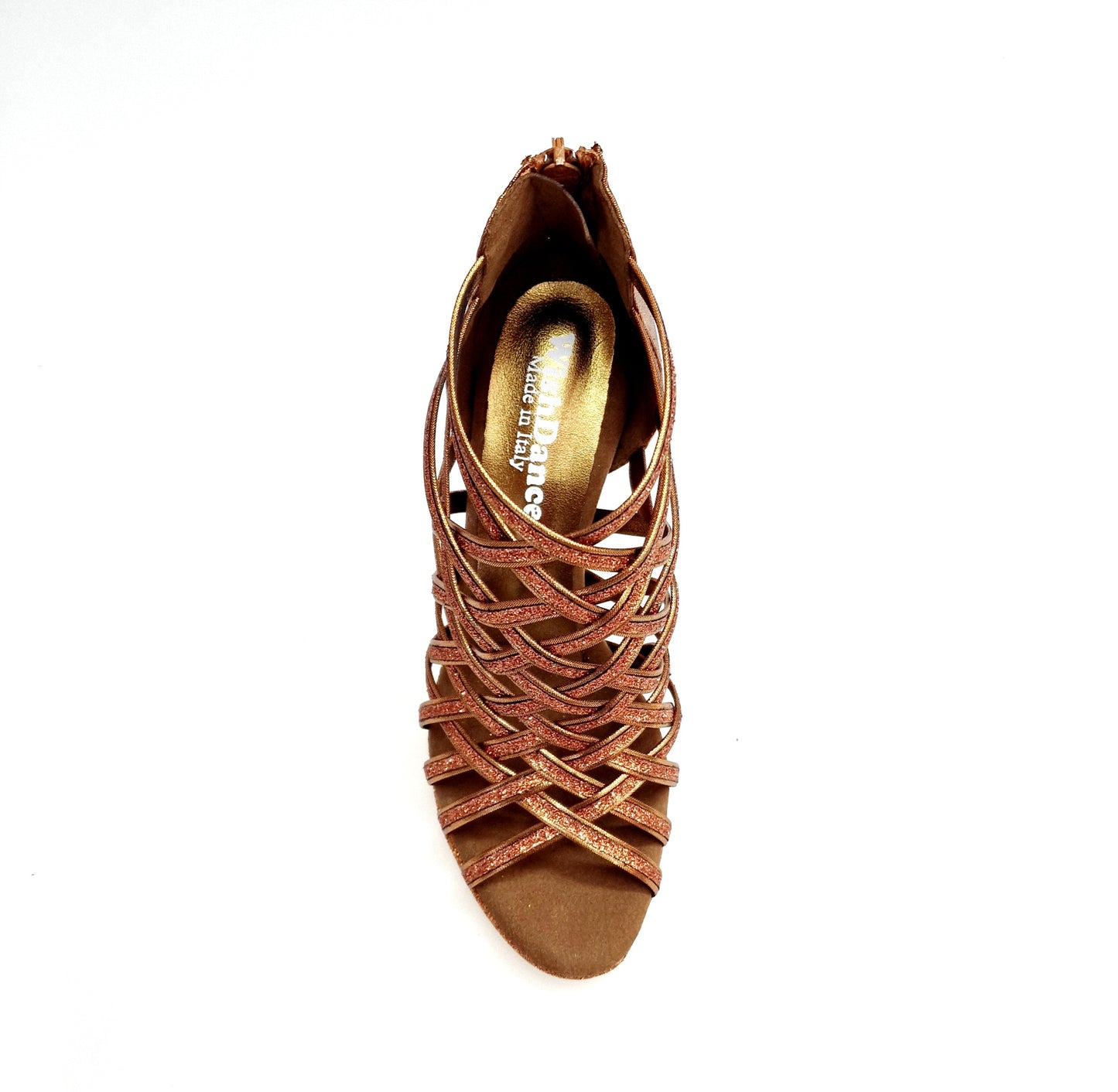 Scarpa donna Intrigo 780PLT in glitter bronzo, tacco alto a spillo, plateau laminato oro ramato, dettaglio lurex bronzo.