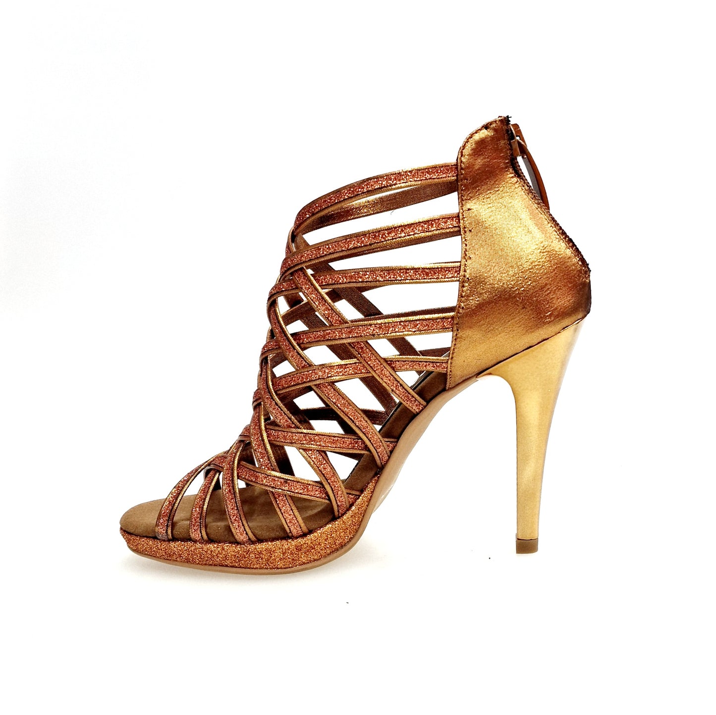 Scarpa donna Intrigo 780PLT in glitter bronzo con tacco alto a spillo, plateau laminato oro ramato e dettagli in lurex bronzo