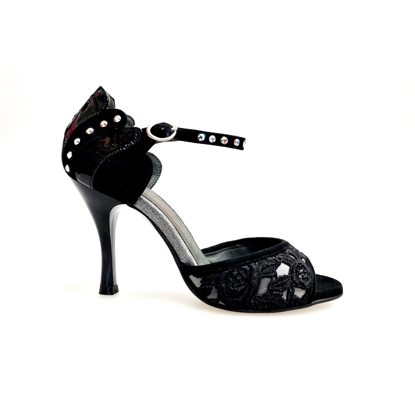 Sandalo donna Wish Dance BRUNA/BO Sw Plus F.3407 con tacco in camoscio nero, Swarovski Boreali, tomaia in pizzo Sally nero.