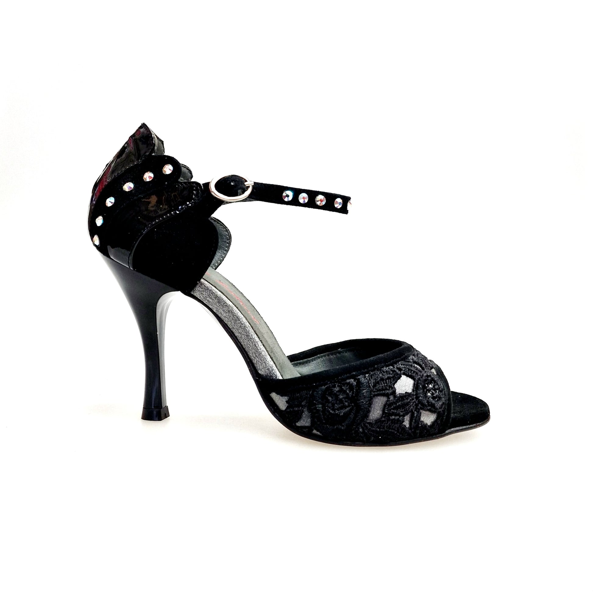Sandalo donna Wish Dance BRUNA/BO Sw Plus F.3407 con tacco in camoscio nero, Swarovski Boreali, tomaia in pizzo Sally nero.