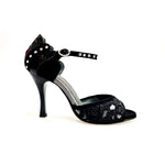 Load image into Gallery viewer, BRUNA/BO Sw Plus F.3407 (R.L. by WISH DANCE) - Sandalo da donna Tallone in camoscio nero con applicazione Swarovski Boreali e Vernice nera Tomaia Pizzo Sally Nero con Tacco a Rocchettino Smaltato nero
