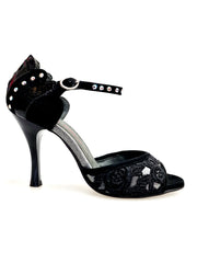 Load image into Gallery viewer, BRUNA/BO Sw Plus F.3407 (R.L. by WISH DANCE) - Sandalo da donna Tallone in camoscio nero con applicazione Swarovski Boreali e Vernice nera Tomaia Pizzo Sally Nero con Tacco a Rocchettino Smaltato nero
