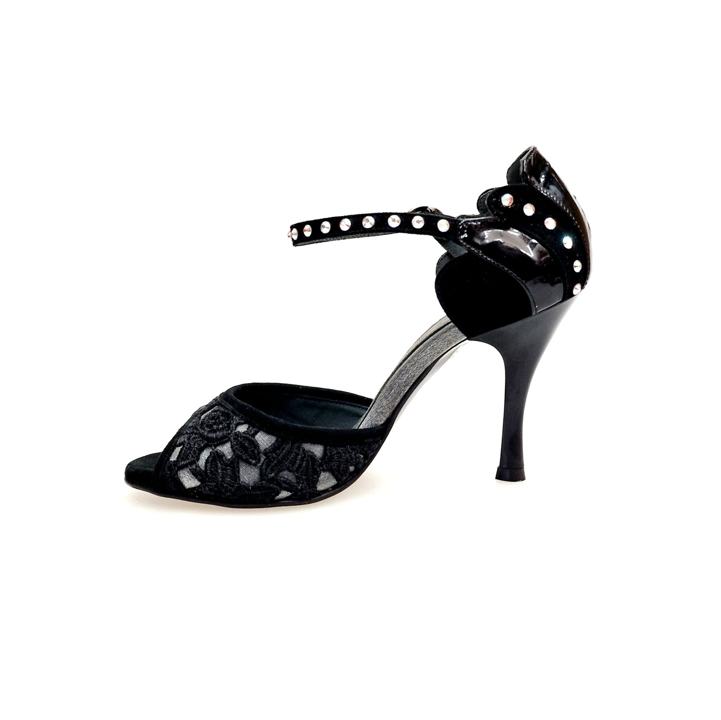 Sandalo donna Wish Dance BRUNA/BO Sw Plus F.3407 in camoscio nero con Swarovski Boreali, tacco a rocchetto e tomaia in pizzo Sally.