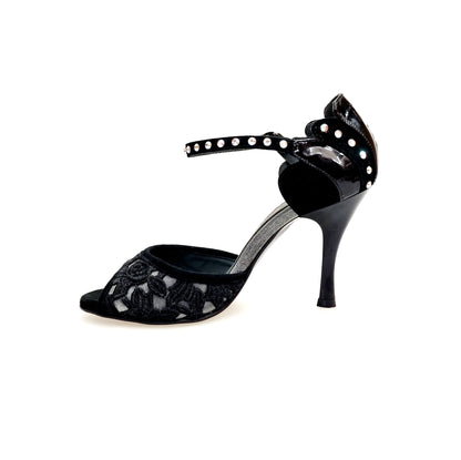 Sandalo donna Wish Dance BRUNA/BO Sw Plus F.3407 in camoscio nero con Swarovski Boreali, tacco a rocchetto e tomaia in pizzo Sally.