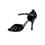 Load image into Gallery viewer, BRUNA/BO Sw Plus F.3407 (R.L. by WISH DANCE) - Sandalo da donna Tallone in camoscio nero con applicazione Swarovski Boreali e Vernice nera Tomaia Pizzo Sally Nero con Tacco a Rocchettino Smaltato nero
