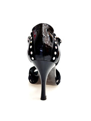 Load image into Gallery viewer, BRUNA/BO Sw Plus F.3407 (R.L. by WISH DANCE) - Sandalo da donna Tallone in camoscio nero con applicazione Swarovski Boreali e Vernice nera Tomaia Pizzo Sally Nero con Tacco a Rocchettino Smaltato nero
