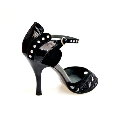 Sandalo donna Wish Dance BRUNA/BO Sw Plus F.3407 con tacco in camoscio nero, Swarovski Boreali e tomaia in pizzo Sally nero.