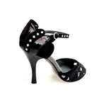 Load image into Gallery viewer, BRUNA/BO Sw Plus F.3407 (R.L. by WISH DANCE) - Sandalo da donna Tallone in camoscio nero con applicazione Swarovski Boreali e Vernice nera Tomaia Pizzo Sally Nero con Tacco a Rocchettino Smaltato nero
