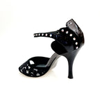 Load image into Gallery viewer, BRUNA/BO Sw Plus F.3407 (R.L. by WISH DANCE) - Sandalo da donna Tallone in camoscio nero con applicazione Swarovski Boreali e Vernice nera Tomaia Pizzo Sally Nero con Tacco a Rocchettino Smaltato nero
