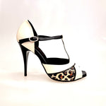 Load image into Gallery viewer, JANIS   F.626 (R.L. by WISH DANCE) - Scarpa in Pelle Beige e Pelle Nera con inserto in Materiale di Paillettes Leopardate Tacco a Spillo Sottile Smaltato Nero
